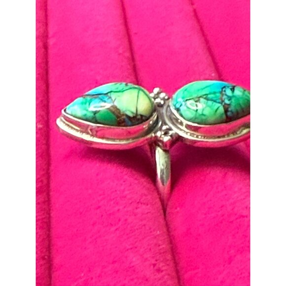 Double Teardrop Turquoise & Sterling Silver Ring Size 9 - Picture 6 of 7